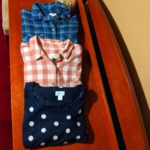 3 Shirt Bundle Flannels Polka Sweater, Pink, Blue, Cream Women's Large-XXL